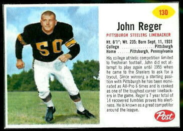 John Reger 1962 Post Cereal football card