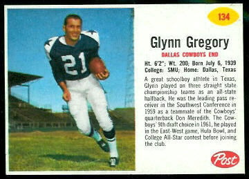 Glynn Gregory 1962 Post Cereal football card