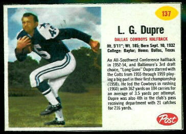 L.G. Dupre 1962 Post Cereal football card