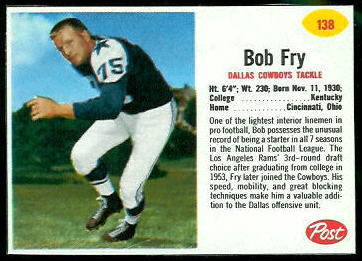 Bob Fry 1962 Post Cereal football card Bob Fry 1962 Post Cereal football card