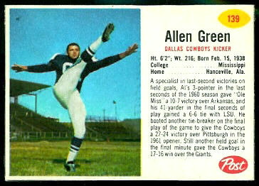 Allen Green 1962 Post Cereal football card