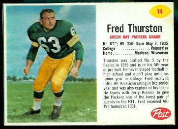 Fuzzy Thurston 1962 Post Cereal football card Fuzzy Thurston 1962 Post Cereal football card