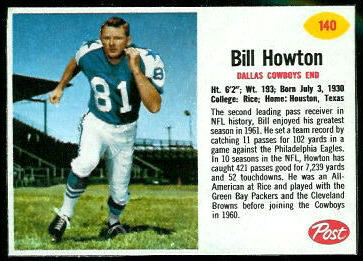 Bill Howton 1962 Post Cereal football card