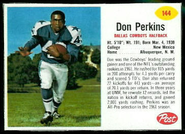 Don Perkins 1962 Post Cereal football card