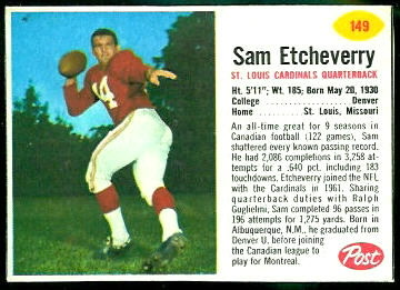 Sam Etcheverry 1962 Post Cereal football card