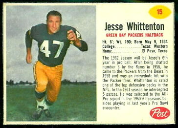 Jesse Whittenton 1962 Post Cereal football card