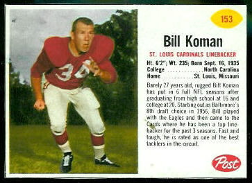 Bill Koman 1962 Post Cereal football card