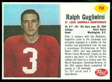 Ralph Guglielmi 1962 Post Cereal football card