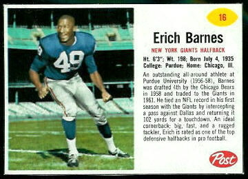 Erich Barnes 1962 Post Cereal football card