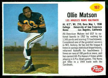 Ollie Matson 1962 Post Cereal football card