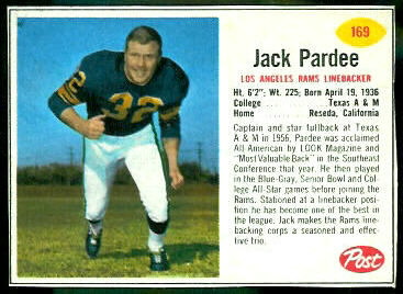 Jack Pardee 1962 Post Cereal football card