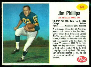 Jim Phillips 1962 Post Cereal football card