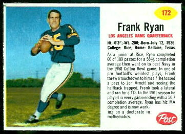 Frank Ryan 1962 Post Cereal football card