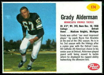 Grady Alderman 1962 Post Cereal football card