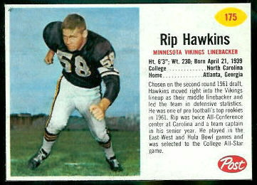 Rip Hawkins 1962 Post Cereal football card