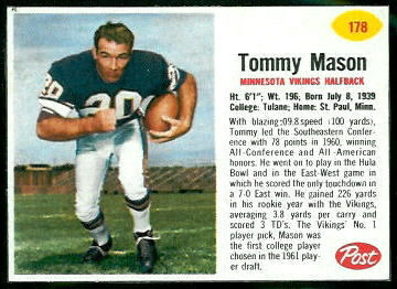 Tommy Mason 1962 Post Cereal football card