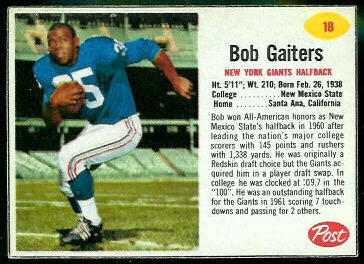 Bob Gaiters 1962 Post Cereal football card