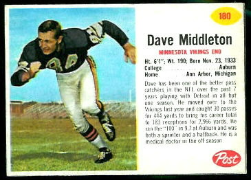 Dave Middleton 1962 Post Cereal football card