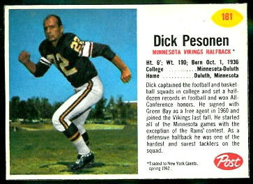 Dick Pesonen 1962 Post Cereal football card