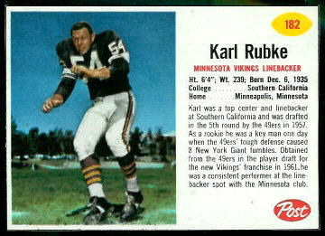 Karl Rubke 1962 Post Cereal football card