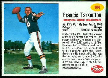 Fran Tarkenton 1962 Post Cereal football card