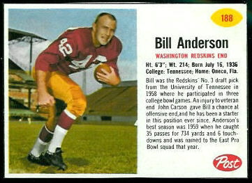 Bill Anderson 1962 Post Cereal football card