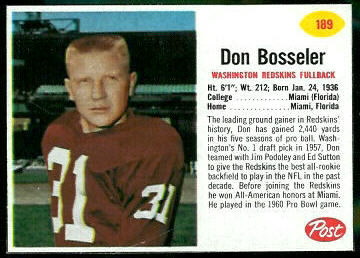 Don Bosseler 1962 Post Cereal football card Don Bosseler 1962 Post Cereal football card