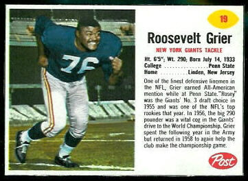 Roosevelt Grier 1962 Post Cereal football card