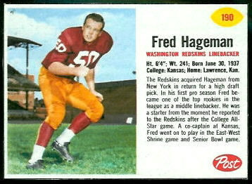 Fred Hageman 1962 Post Cereal football card