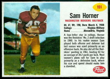 Sam Horner 1962 Post Cereal football card