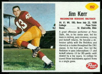 Jim Kerr 1962 Post Cereal football card