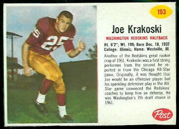 Joe Krakoski 1962 Post Cereal football card