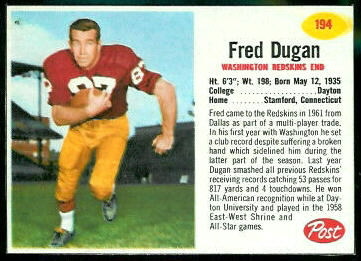 Fred Dugan 1962 Post Cereal football card