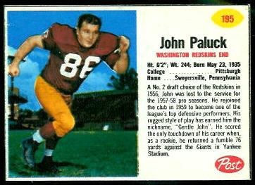 John Paluck 1962 Post Cereal football card