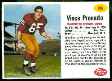 Vince Promuto 1962 Post Cereal football card