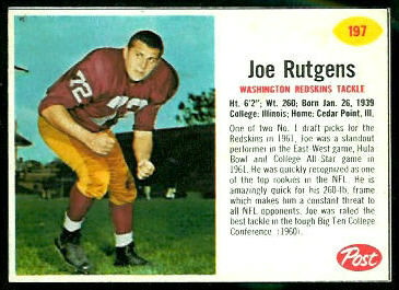 Joe Rutgens 1962 Post Cereal football card