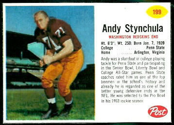 Andy Stynchula 1962 Post Cereal football card