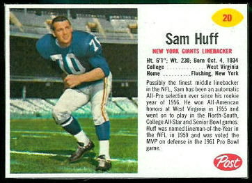 Sam Huff 1962 Post Cereal football card Sam Huff 1962 Post Cereal football card