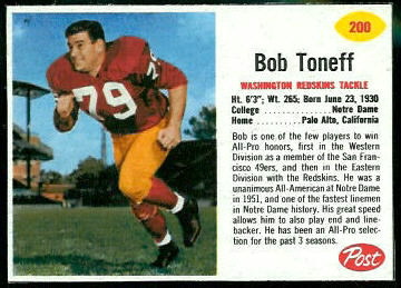 Bob Toneff 1962 Post Cereal football card