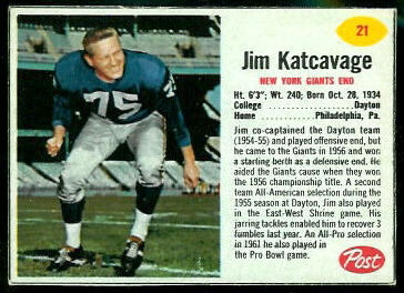 Jim Katcavage 1962 Post Cereal football card