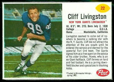 Cliff Livingston 1962 Post Cereal football card