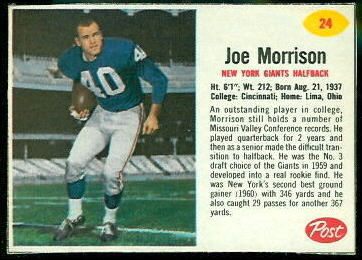 Joe Morrison 1962 Post Cereal football card