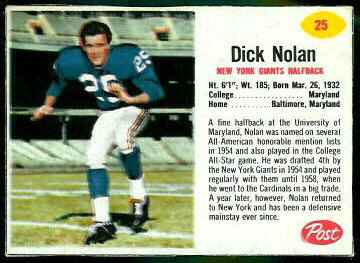 Dick Nolan 1962 Post Cereal football card