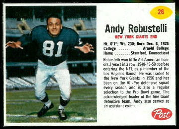 Andy Robustelli 1962 Post Cereal football card