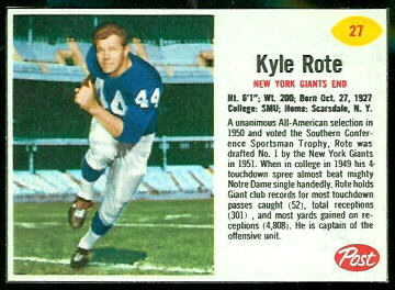 Kyle Rote 1962 Post Cereal football card