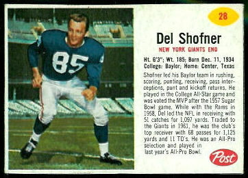 Del Shofner 1962 Post Cereal football card