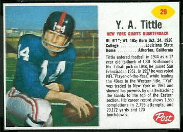 Y.A. Tittle 1962 Post Cereal football card