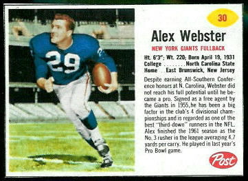 Alex Webster 1962 Post Cereal football card