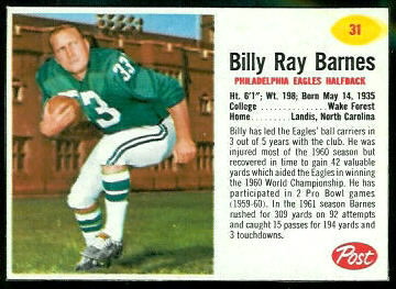 Bill Barnes 1962 Post Cereal football card