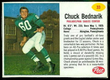 Chuck Bednarik 1962 Post Cereal football card Chuck Bednarik 1962 Post Cereal football card